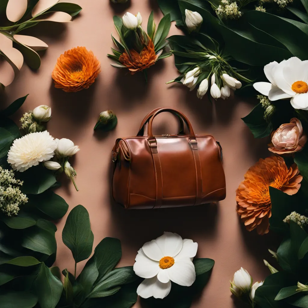 Kheranca Leather Bag surrounded by flowers